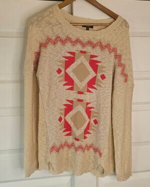 Very J Southwestern Tribal Aztec Intarsia Open Knit Crewneck Sweater Size M
